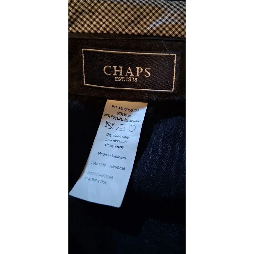 Chaps Mens Two-Piece Suit Black 46R Blazer Jacket 40x30 Pants Formal 52% Wool